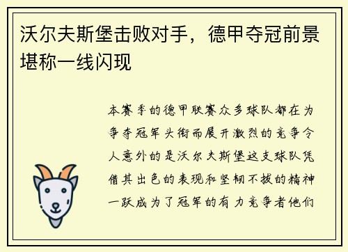 沃尔夫斯堡击败对手，德甲夺冠前景堪称一线闪现